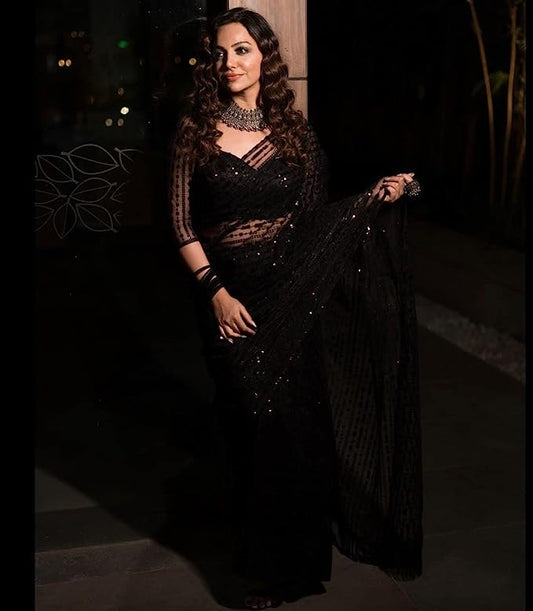 Black Color Mono Net With Designer Sequence Embroidery Work Saree Party Wear Saree Ready To wear Indian Wedding Saree Deasigner Blouse Saree