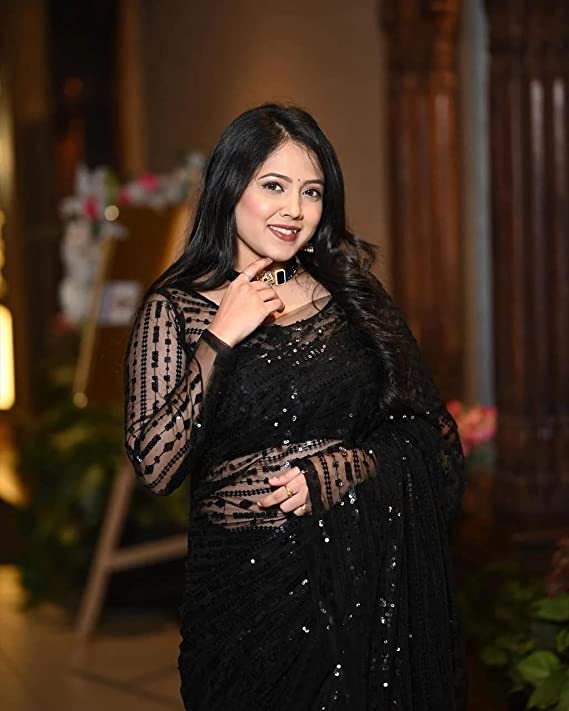 Black Color Mono Net With Designer Sequence Embroidery Work Saree Party Wear Saree Ready To wear Indian Wedding Saree Deasigner Blouse Saree
