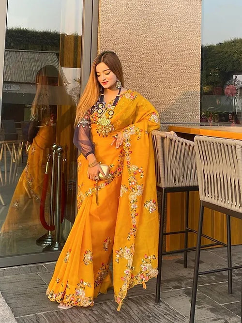 Mustard Yellow Organza Silk Embroidery Work Saree