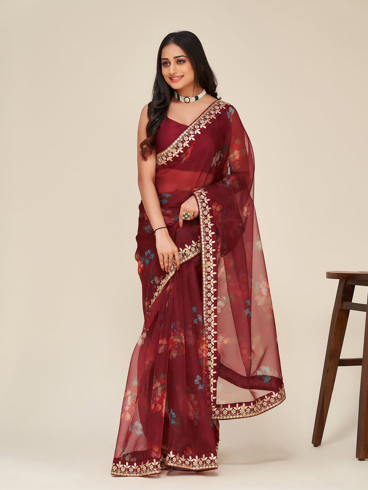 Brown Organza Saree With Unstitched Blouse