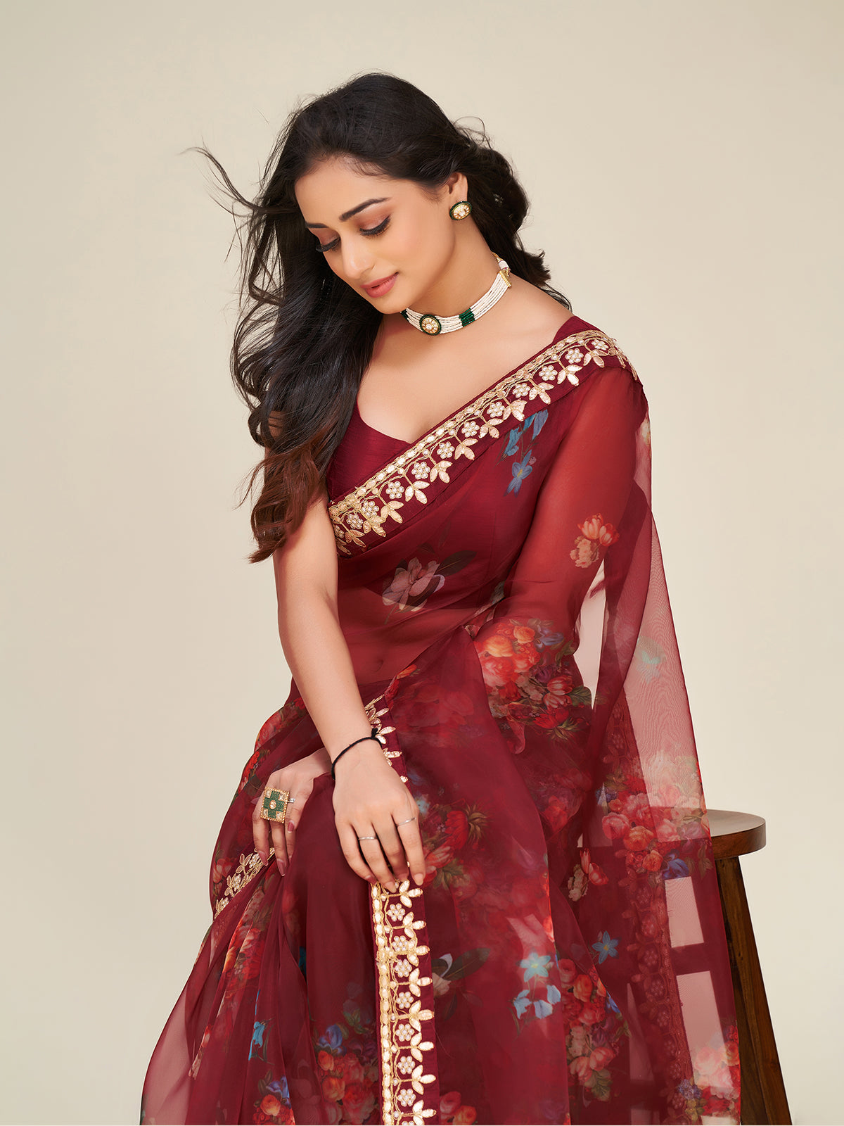 Brown Organza Saree With Unstitched Blouse