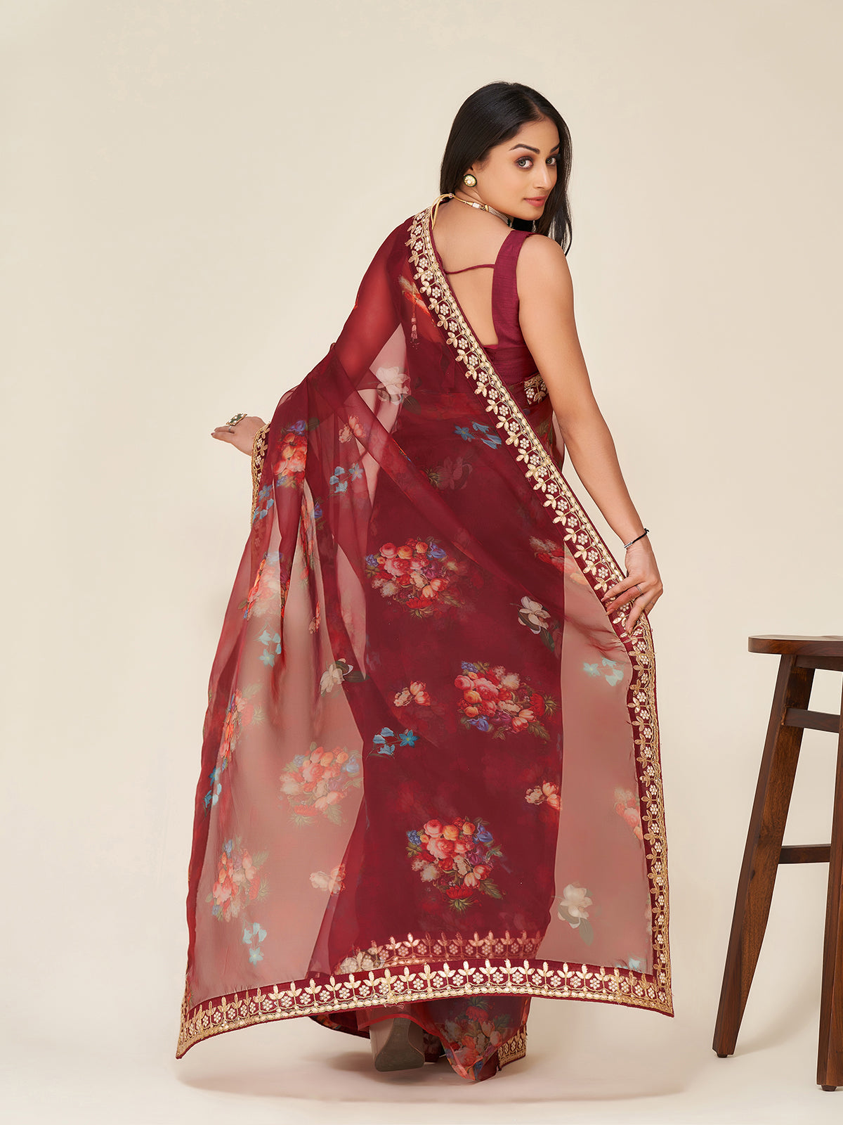 Brown Organza Saree With Unstitched Blouse