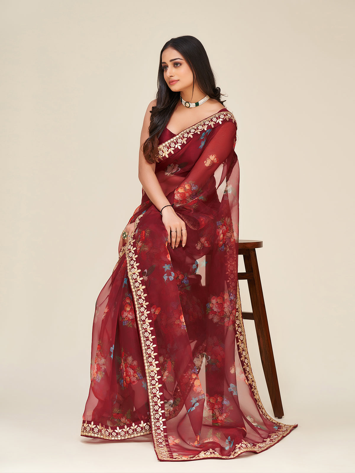 Brown Organza Saree With Unstitched Blouse
