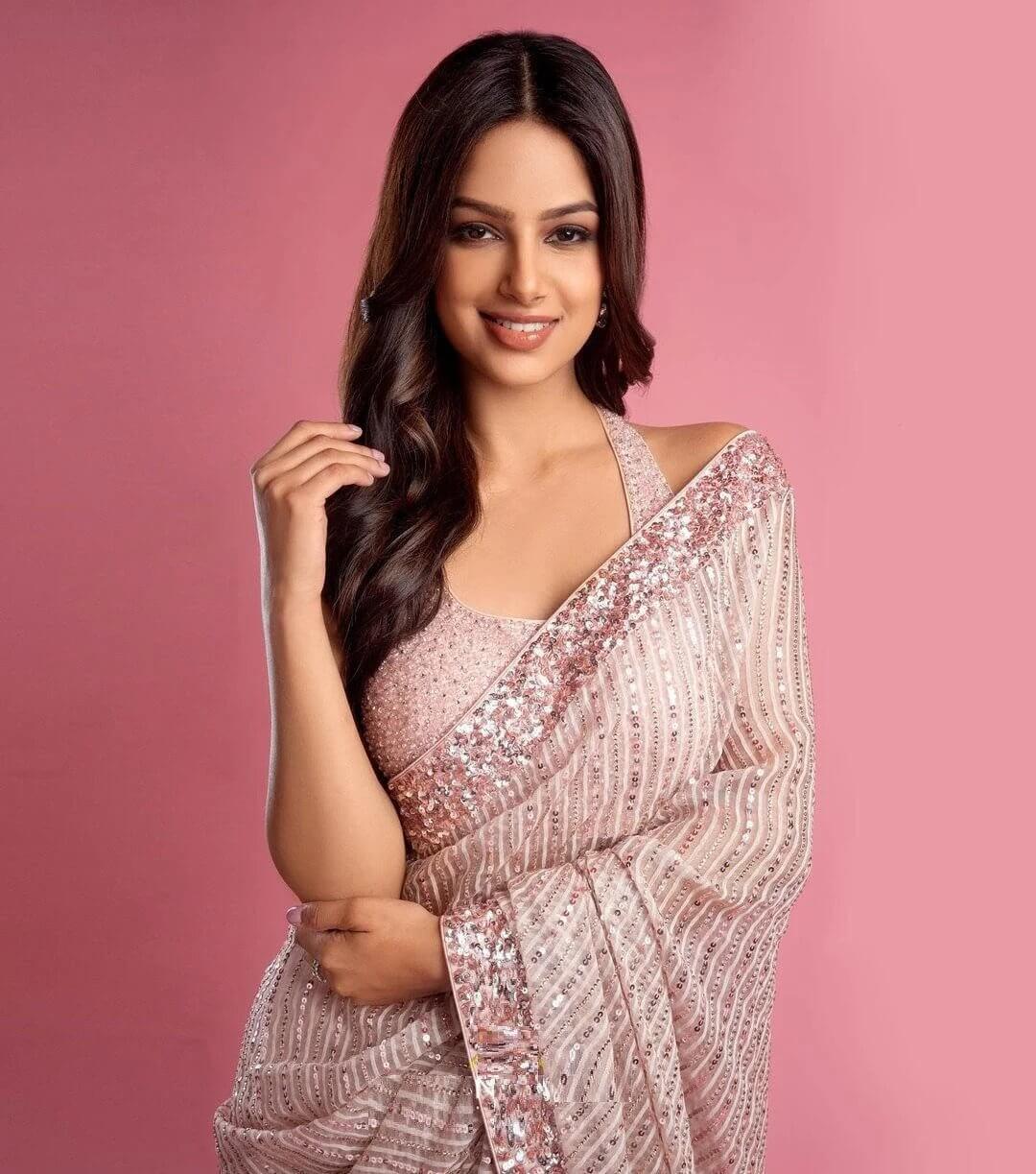 Pink Saree in Georgette With Sequence and Zari Work