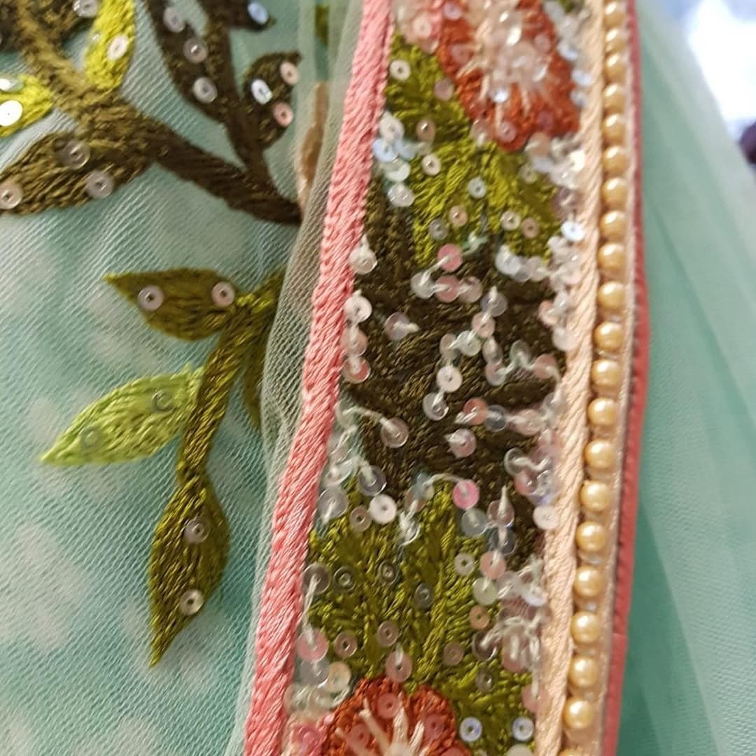 Pista Green Saree In Nylon Mono Net With Fancy Thread Resham Work