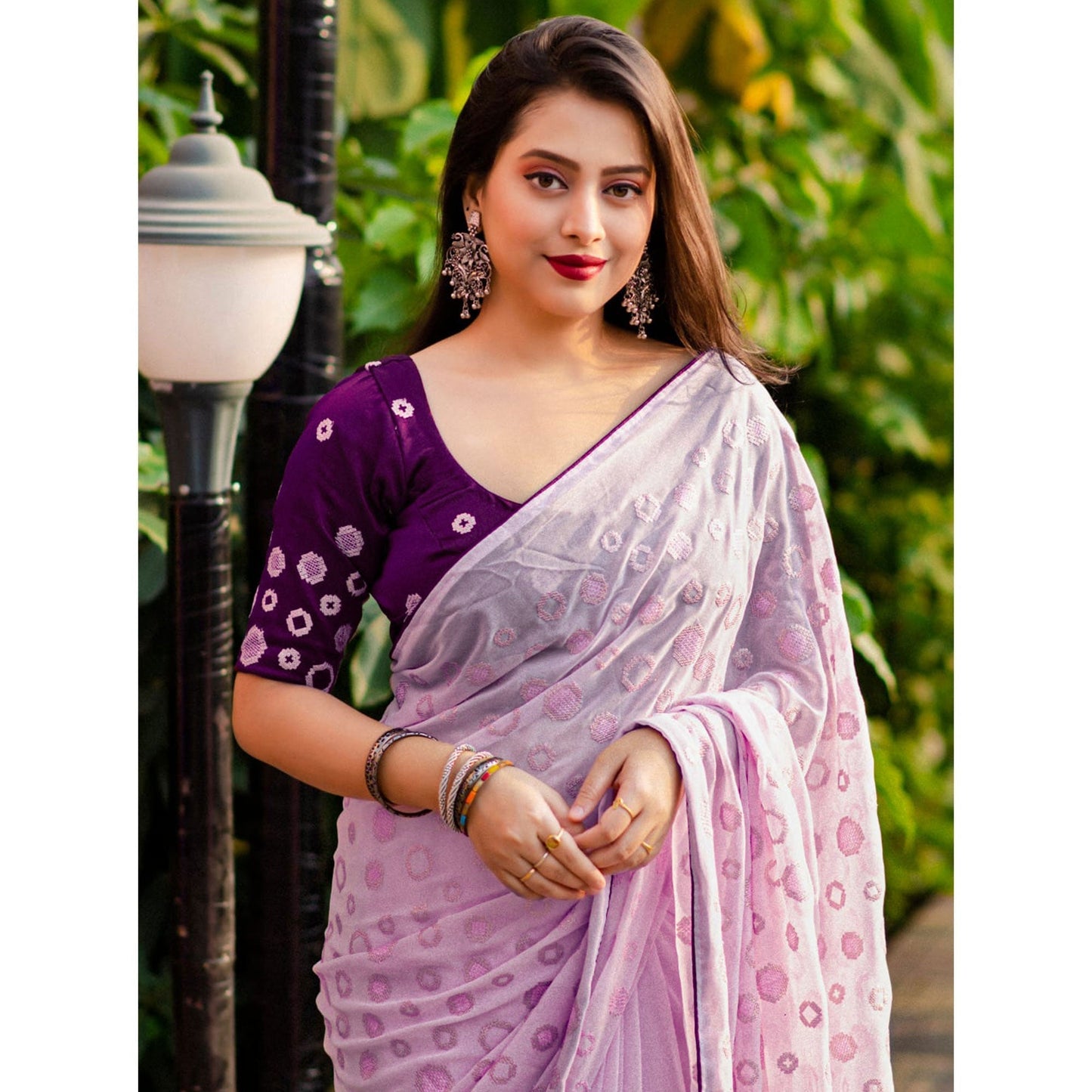 Purple Color Sequins Work Georgette Party Wear Saree With Blouse