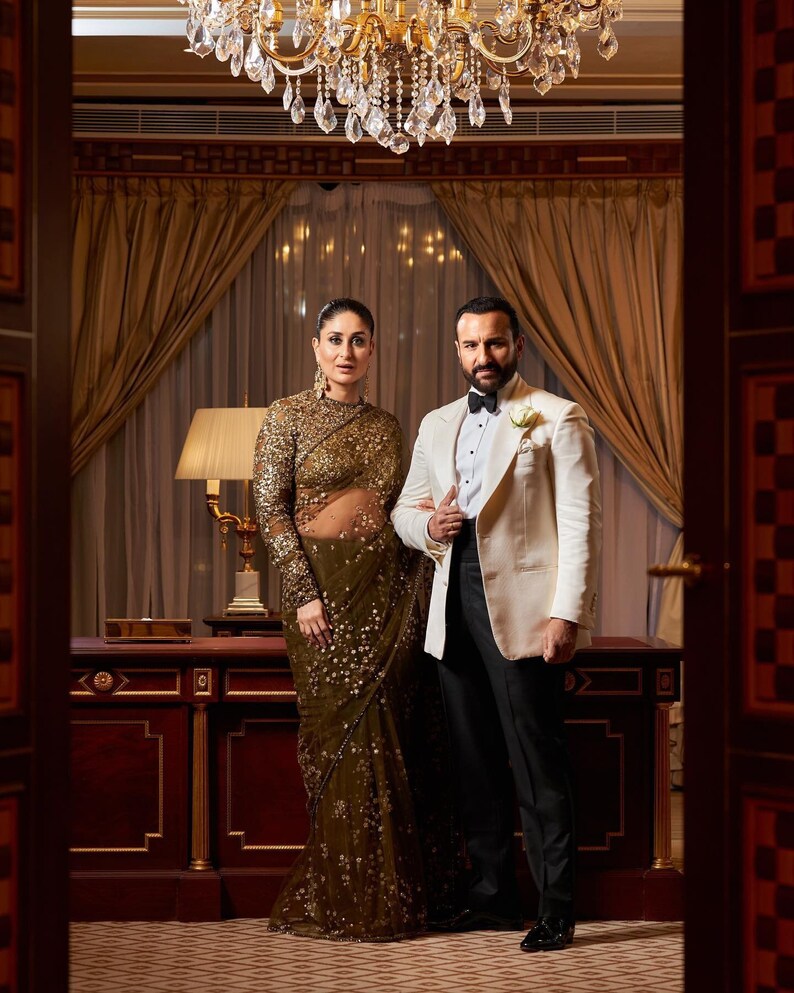 Olive Green Net Saree With All Over Sequins Embroidery Work And Sequence Work Sari Blouse For Wedding Party Wear