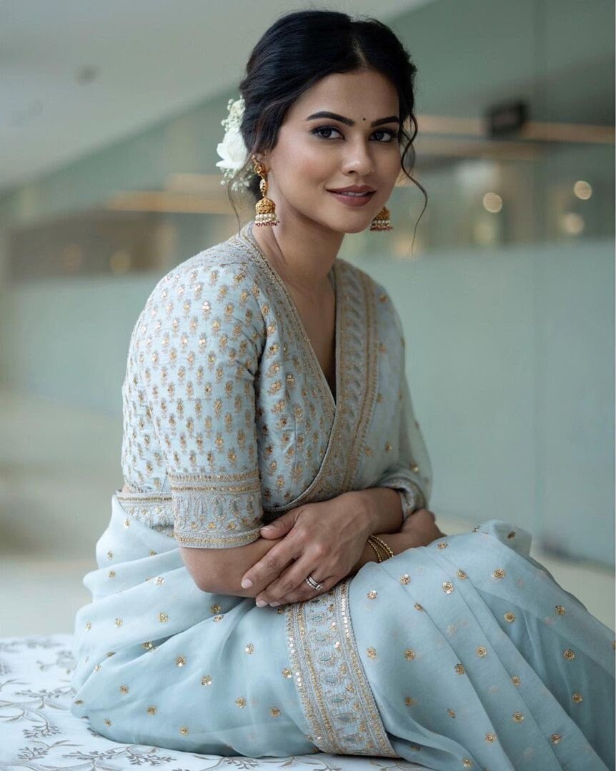 Sky Blue Bollywood Style Pure Khadi Organza Silk Saree with Sequence Embroidery Work, Wedding wear Bollywood Saree Party wear Designer Saree