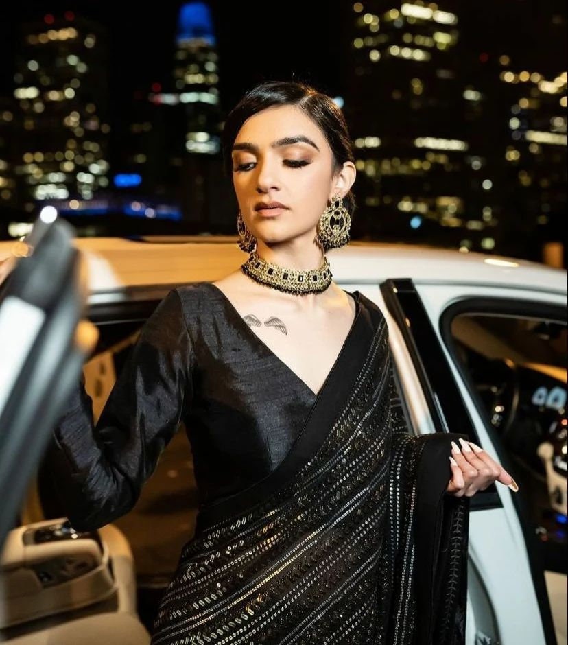 Black Saree Bollywood Inspired Georgette Saree & Blouse With Sequins Multi Threads Work Lace Border For Women | Saree Blouse | Saree |