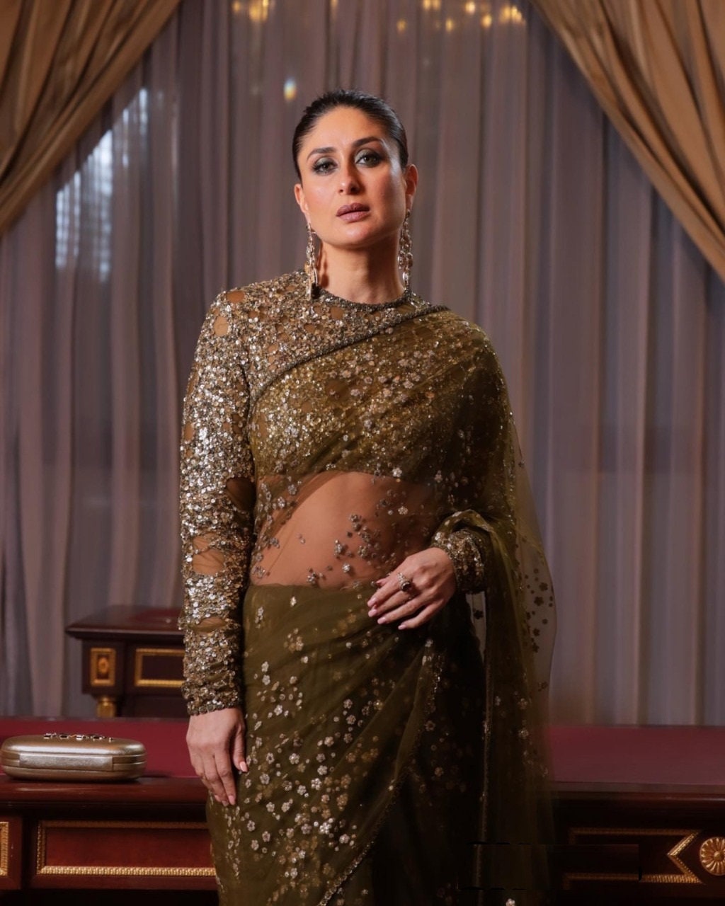 Olive Green Net Saree With All Over Sequins Embroidery Work And Sequence Work Sari Blouse For Wedding Party Wear