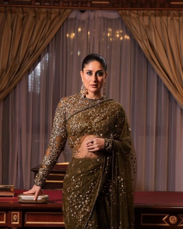 Olive Green Net Saree With All Over Sequins Embroidery Work And Sequence Work Sari Blouse For Wedding Party Wear