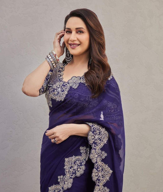Beautiful Madhuri Dixit Blue Saree, Designer Saree, Indian Wedding Reception PartyWear Saree, Sari For Women, UK, USA, Canada