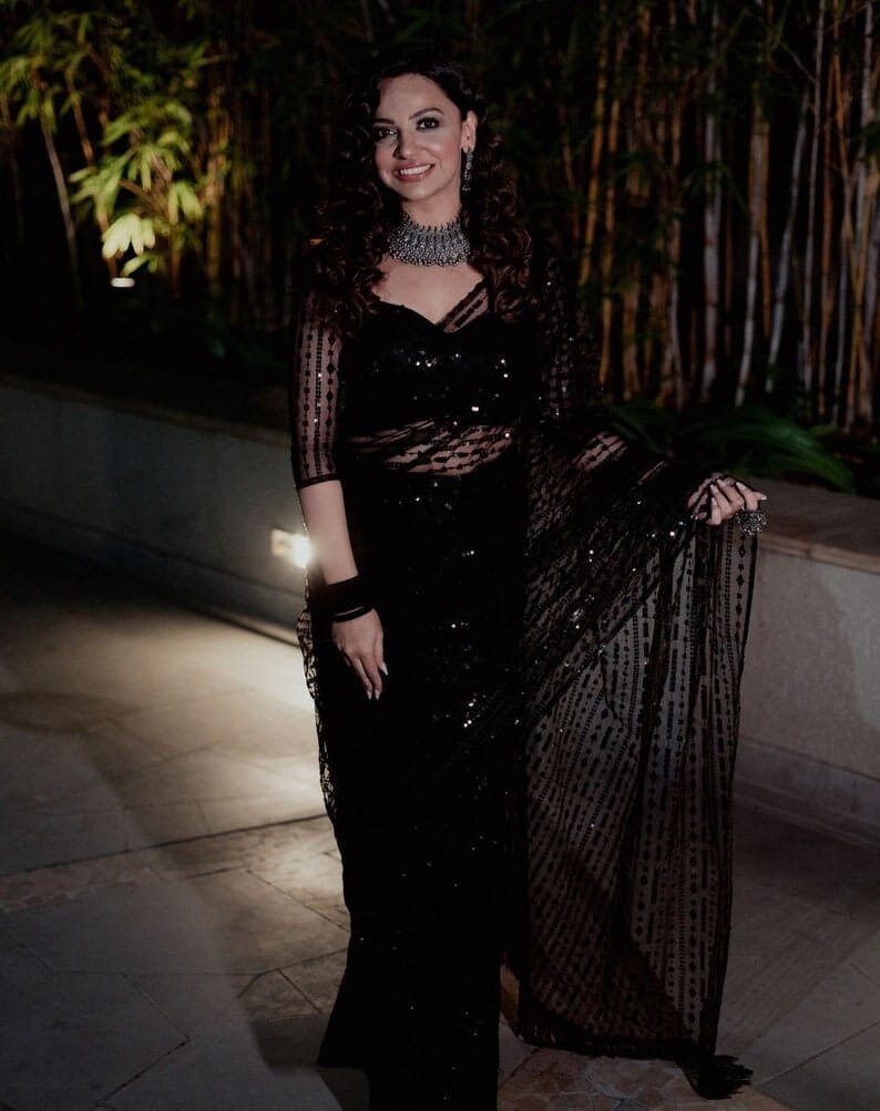 Black Color Mono Net With Designer Sequence Embroidery Work Saree Party Wear Saree Ready To wear Indian Wedding Saree Deasigner Blouse Saree