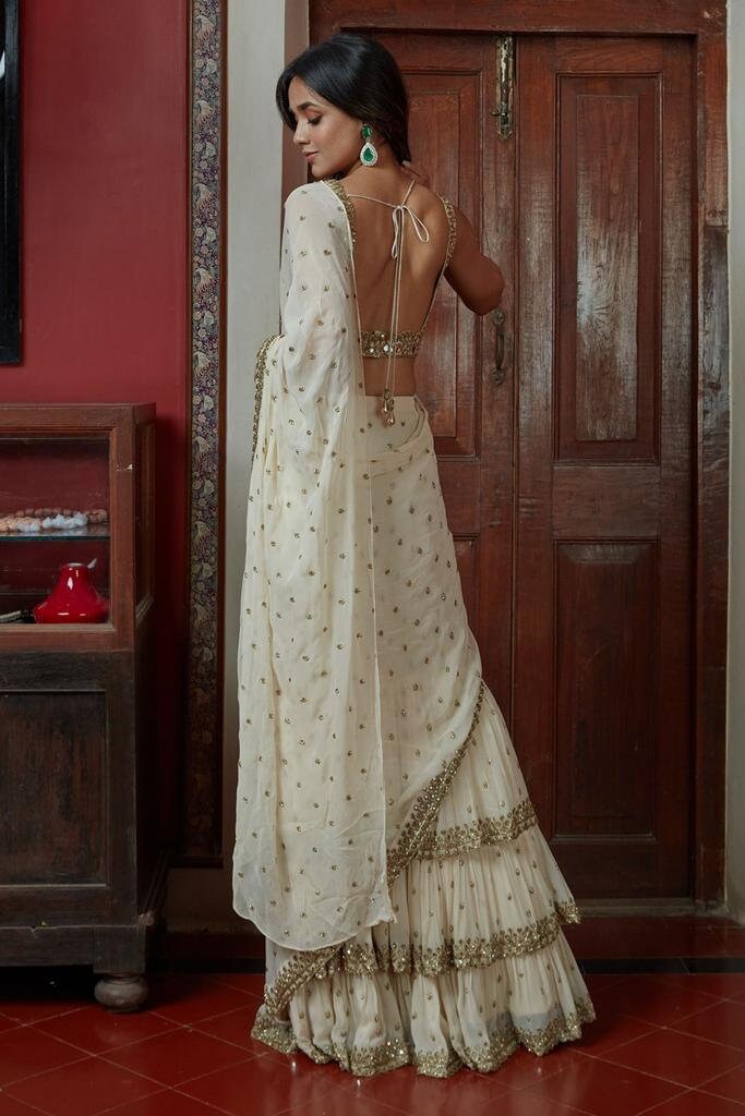 White Saree, Embroidery Work Ruffle Saree, Party Wear Bollywood Style Wedding Wear Saree Bold N Beautiful saree, Ready To Wear Ruffel Saree