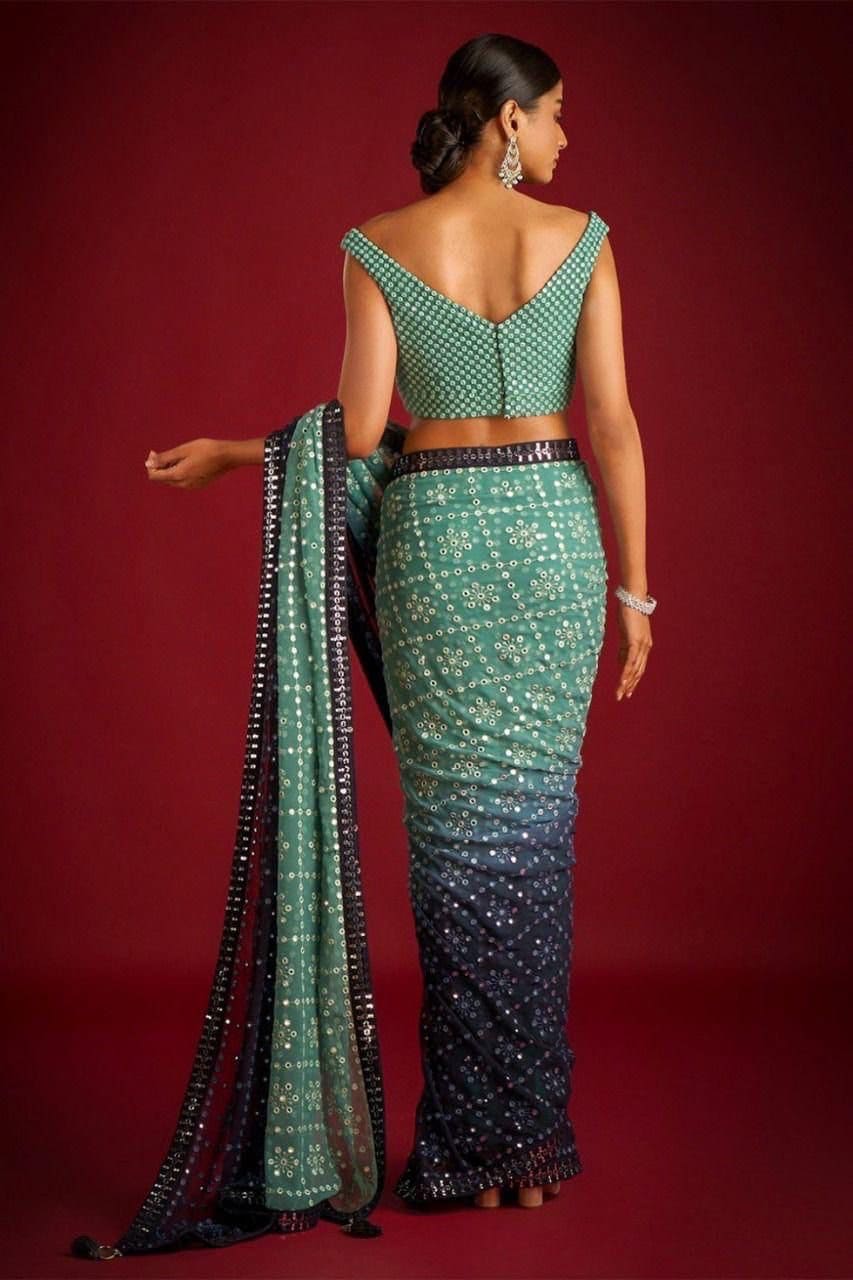 Beautiful green and blue Saree. Women Ethnic Wear saree, walima sari embroidery. Bridesmaid readymade blouse saree collection