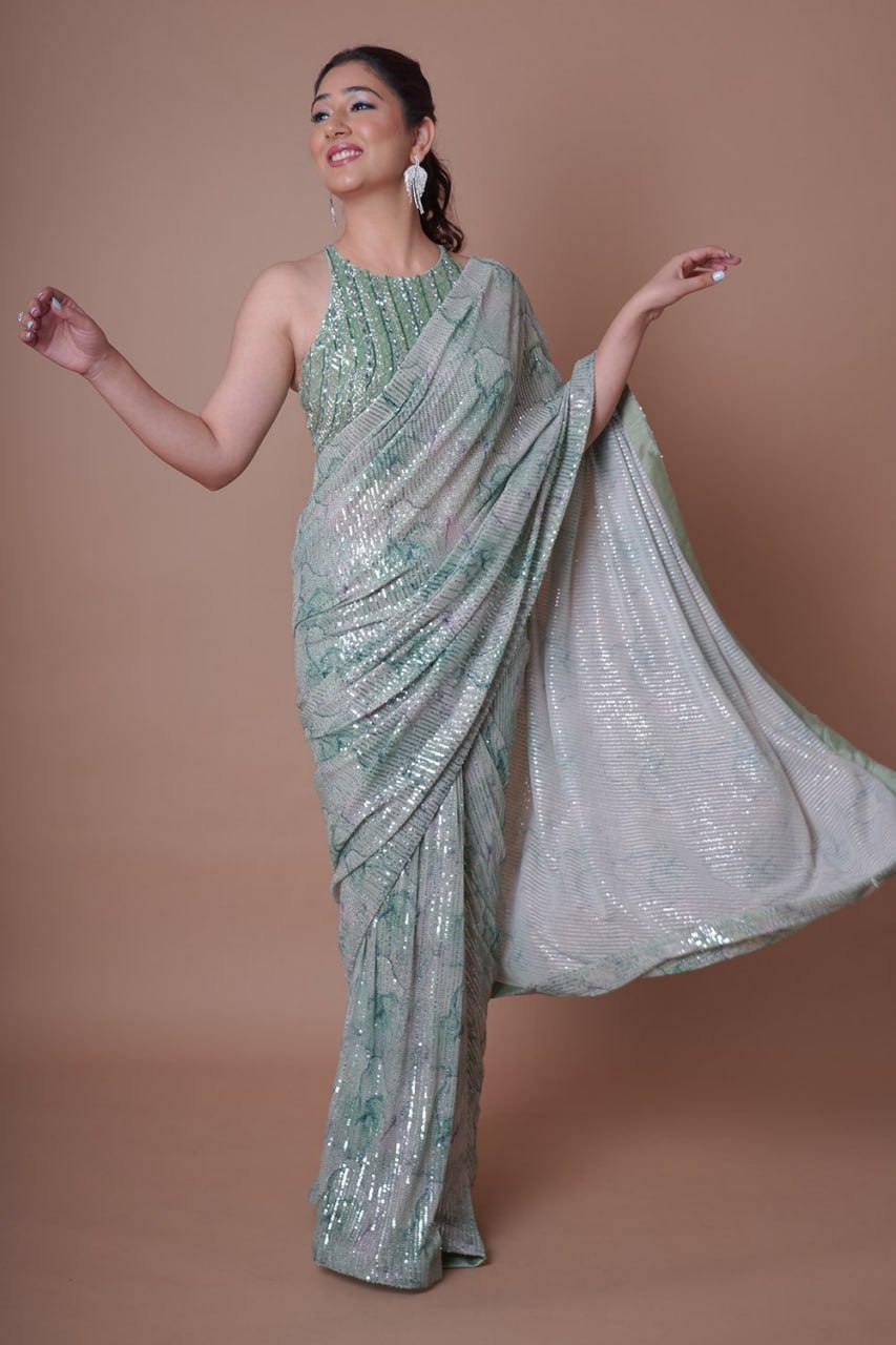 Turquoise Mirror work blouse Shimmer Sequence Work Saree For Women, Saree For USA Women, Wedding Saree, Party Wear| ships from CANADA