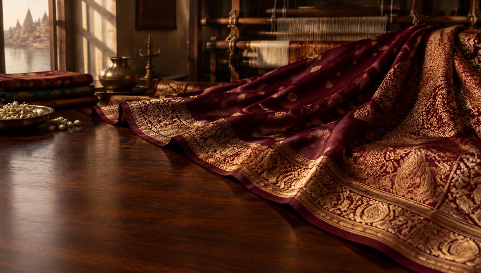 Maroon Banarasi silk saree woven in Varanasi