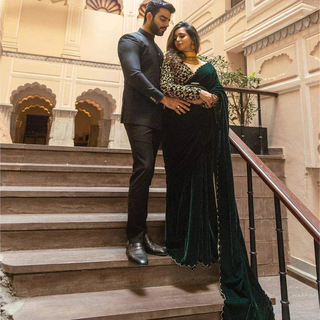 saree with blouse emerald green velvet party wear sari designer christmas new year dresses