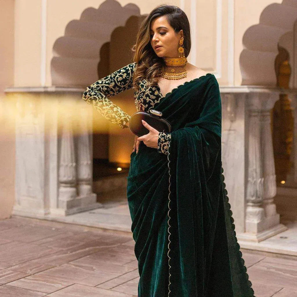 saree with blouse emerald green velvet party wear sari designer christmas new year dresses