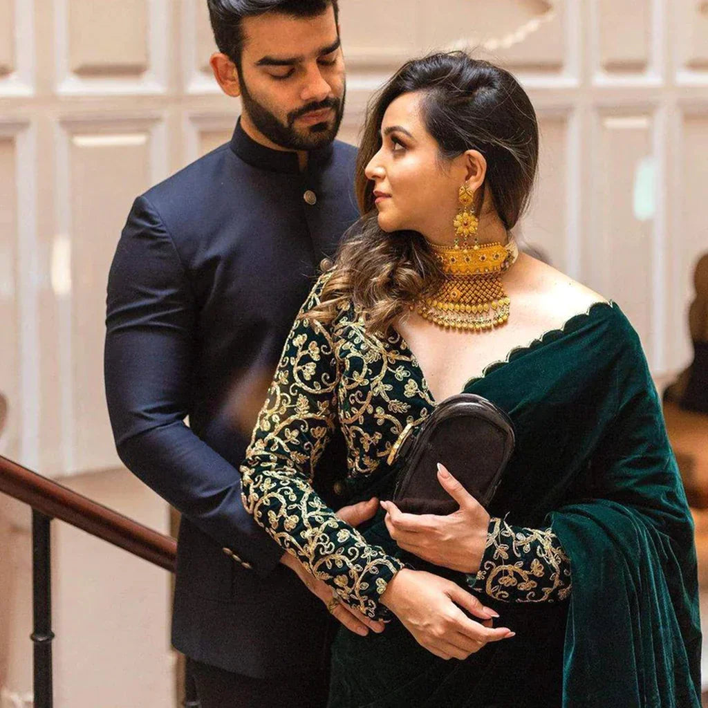 saree with blouse emerald green velvet party wear sari designer christmas new year dresses