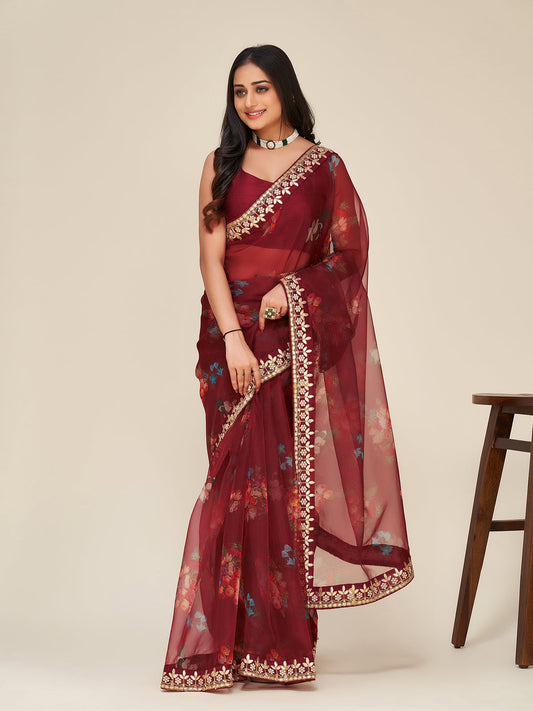 Brown Organza Saree With Unstitched Blouse