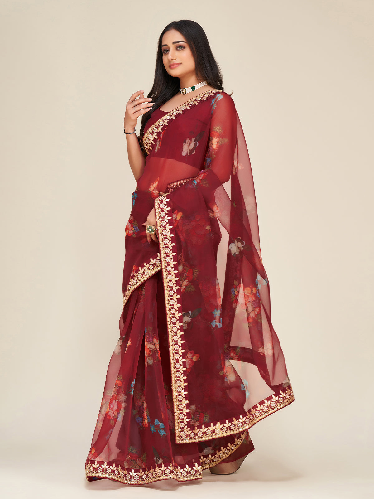 Brown Organza Saree With Unstitched Blouse