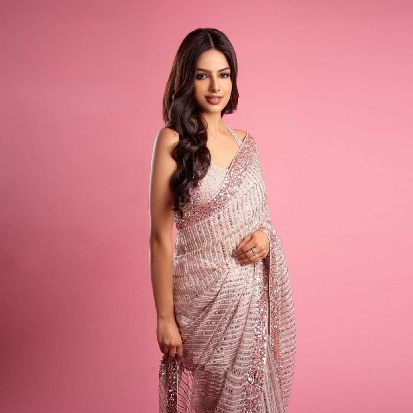 Pink Saree in Georgette With Sequence and Zari Work