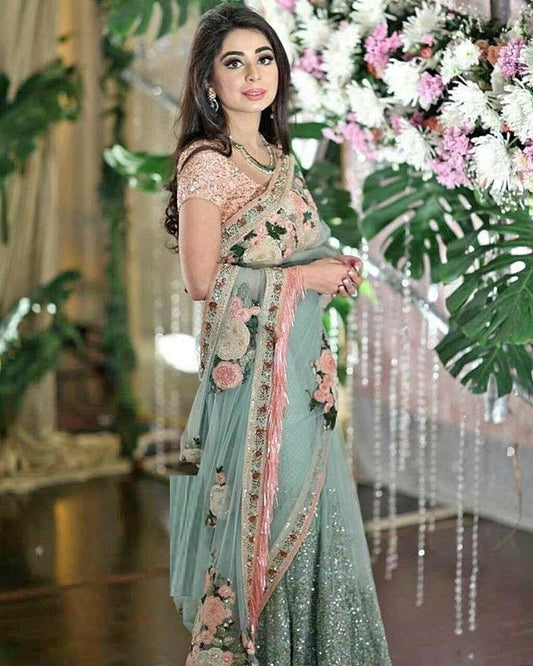 Pista Green Saree In Nylon Mono Net With Fancy Thread Resham Work