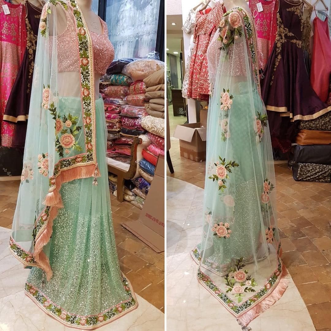 Pista Green Saree In Nylon Mono Net With Fancy Thread Resham Work