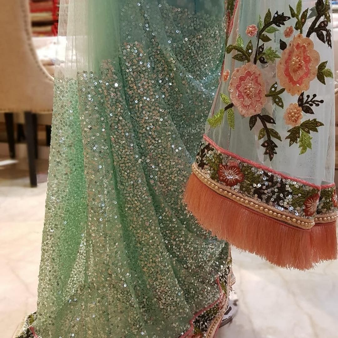 Pista Green Saree In Nylon Mono Net With Fancy Thread Resham Work