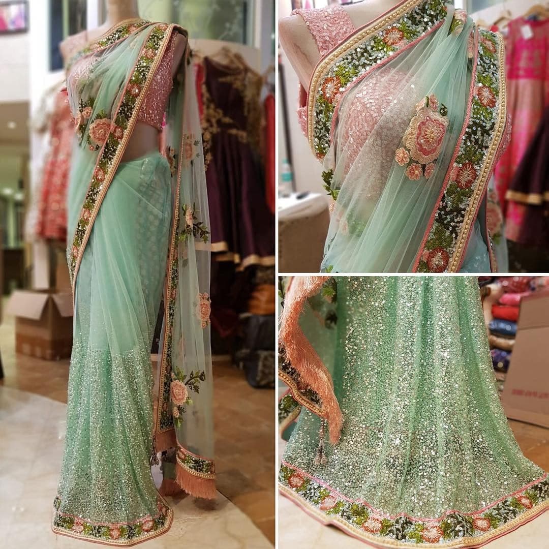 Pista Green Saree In Nylon Mono Net With Fancy Thread Resham Work