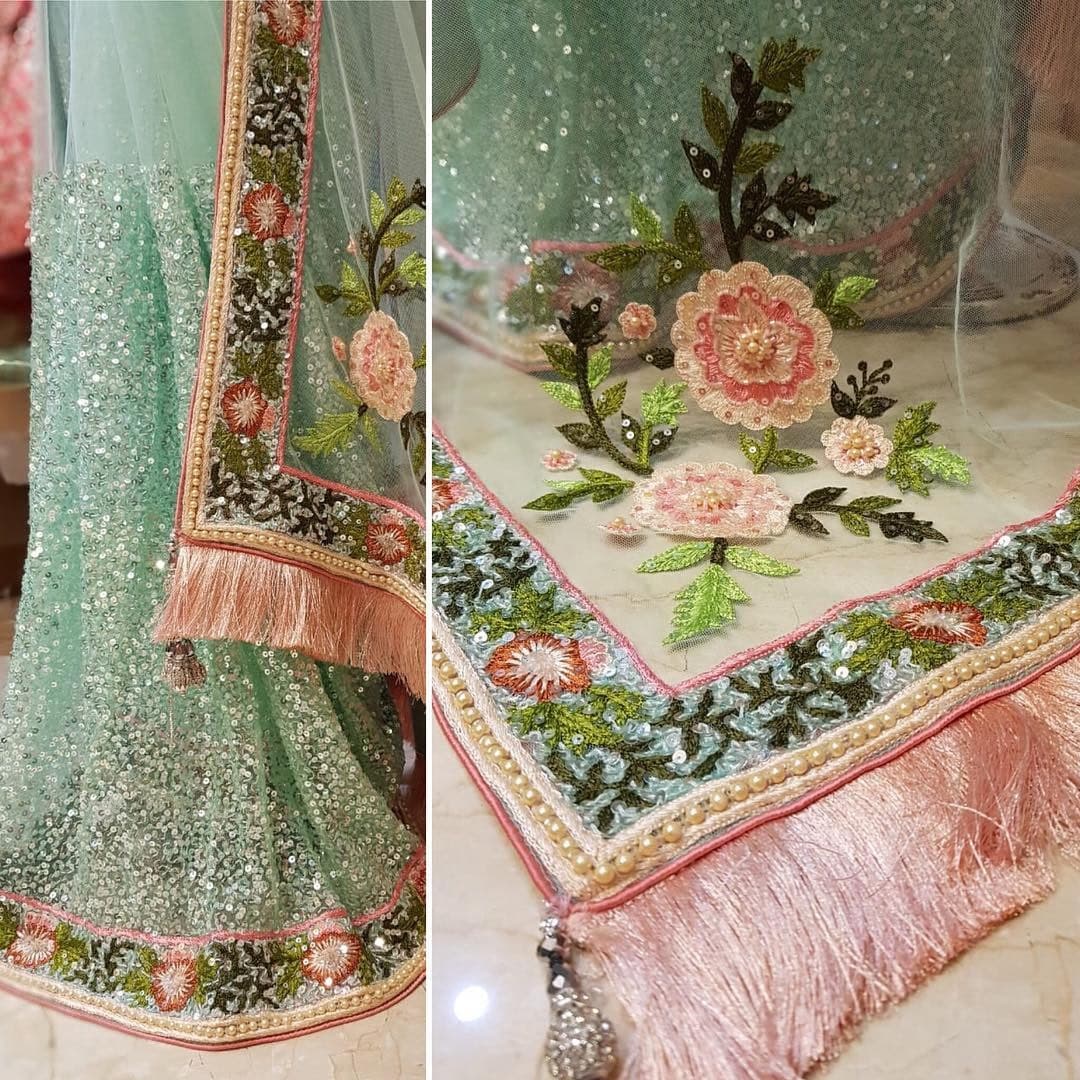 Pista Green Saree In Nylon Mono Net With Fancy Thread Resham Work