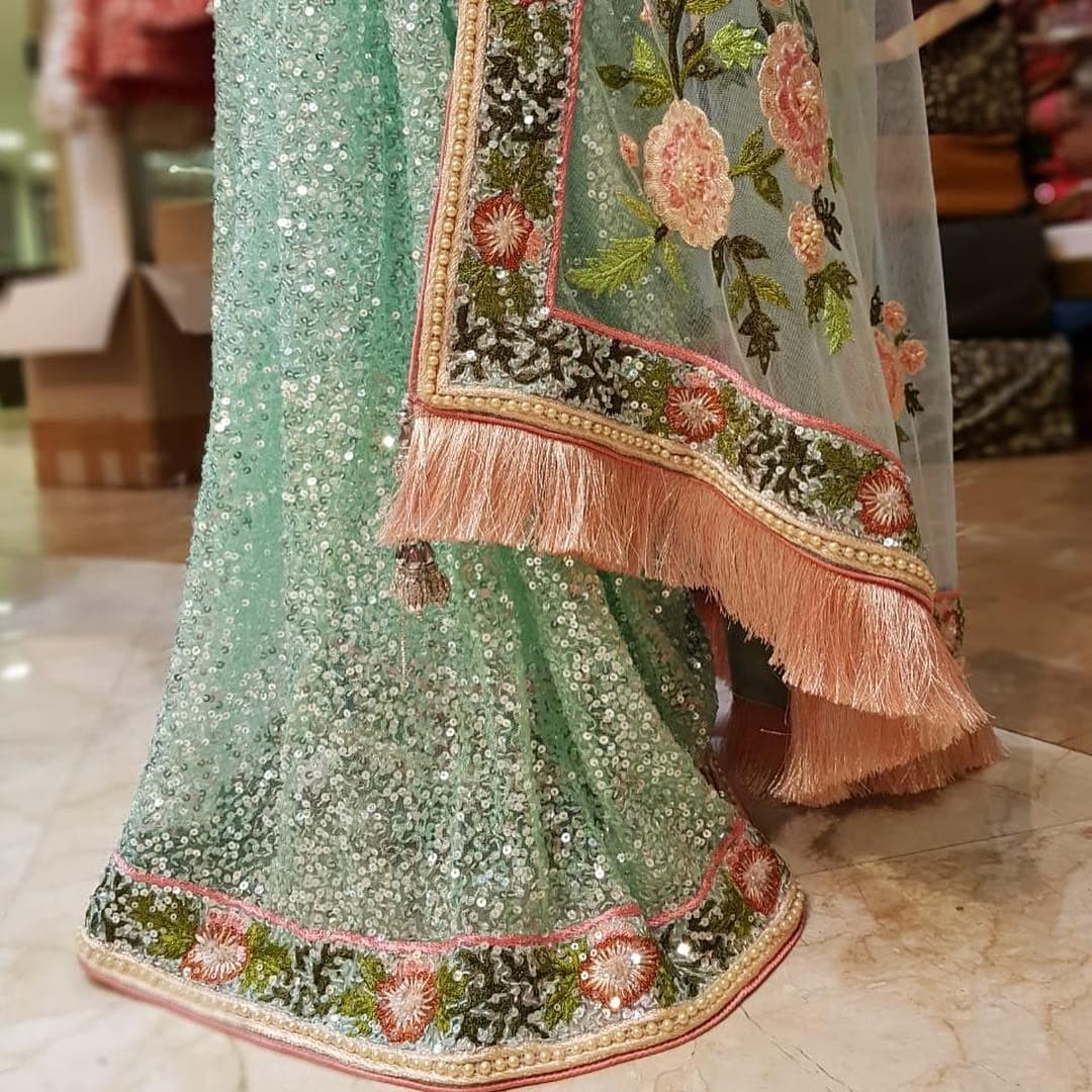 Pista Green Saree In Nylon Mono Net With Fancy Thread Resham Work