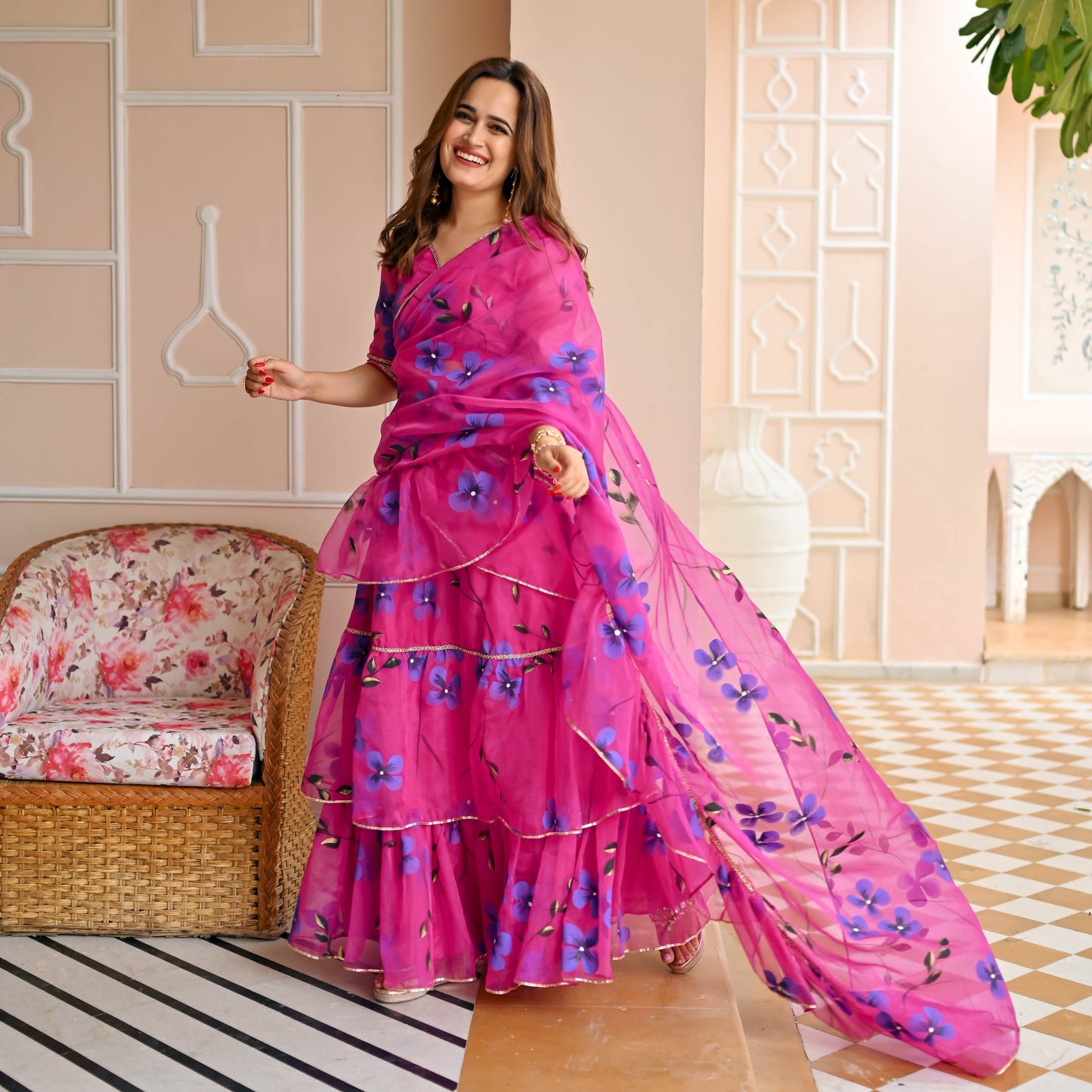 Raspberry Draped Saree with Blouse