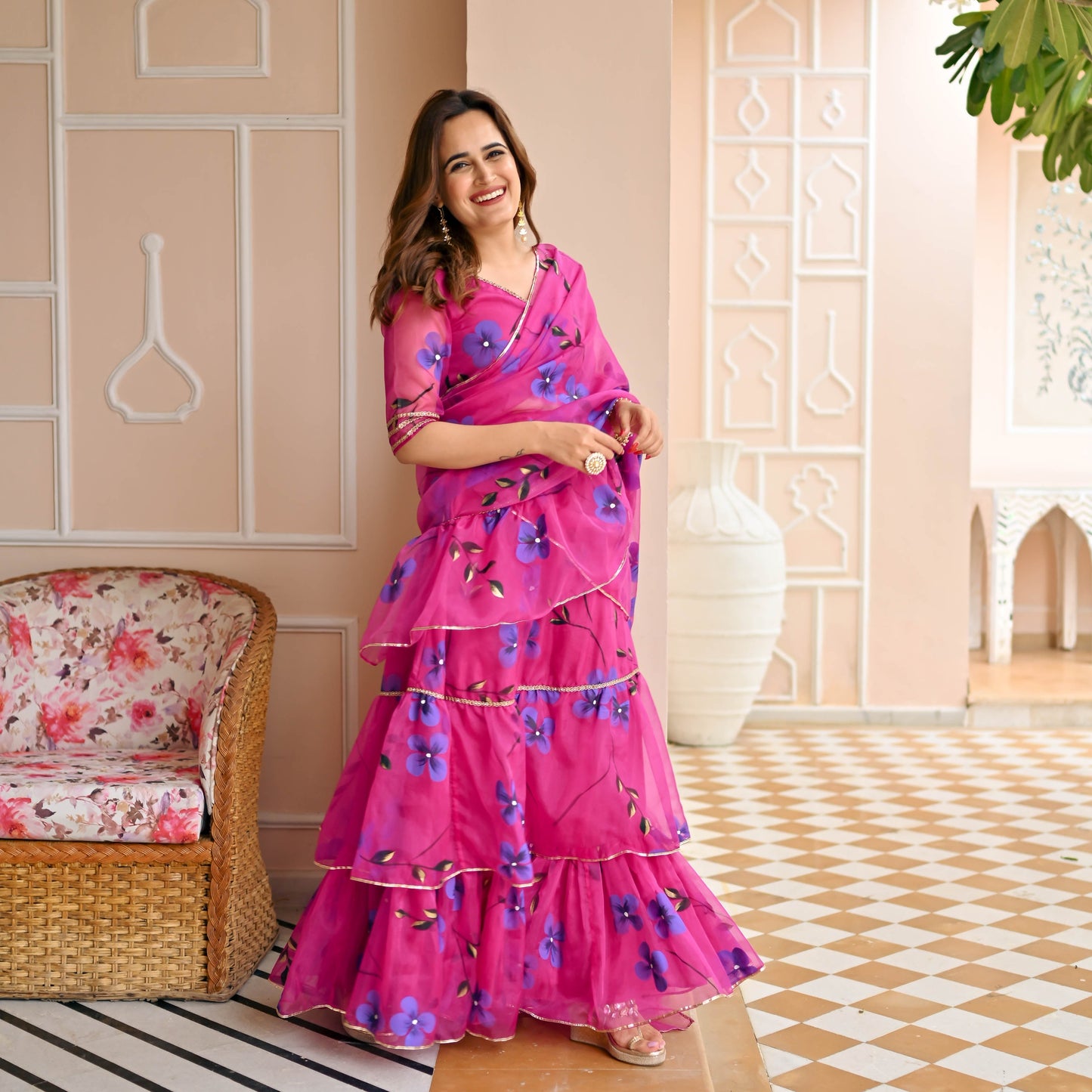 Raspberry Draped Saree with Blouse