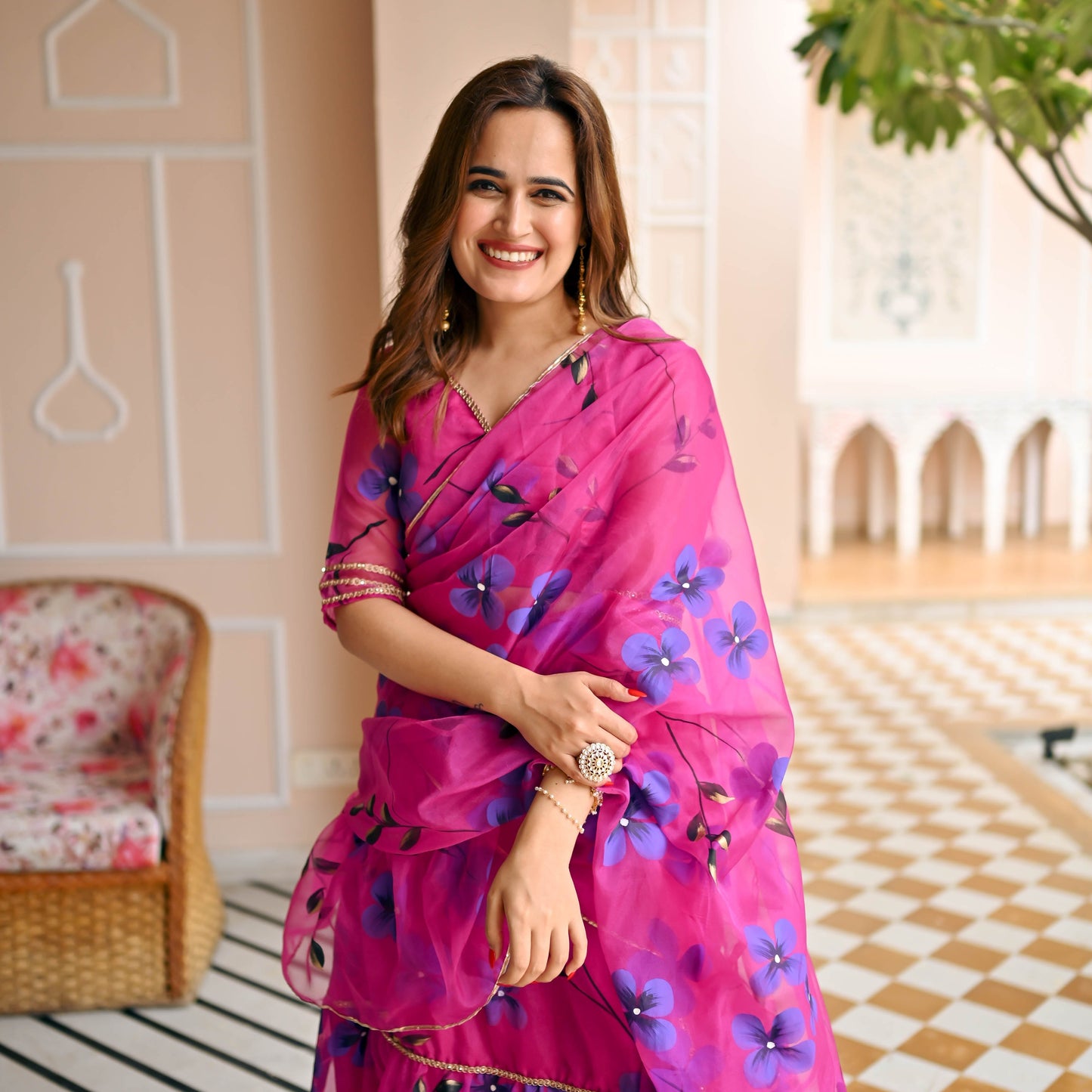 Raspberry Draped Saree with Blouse