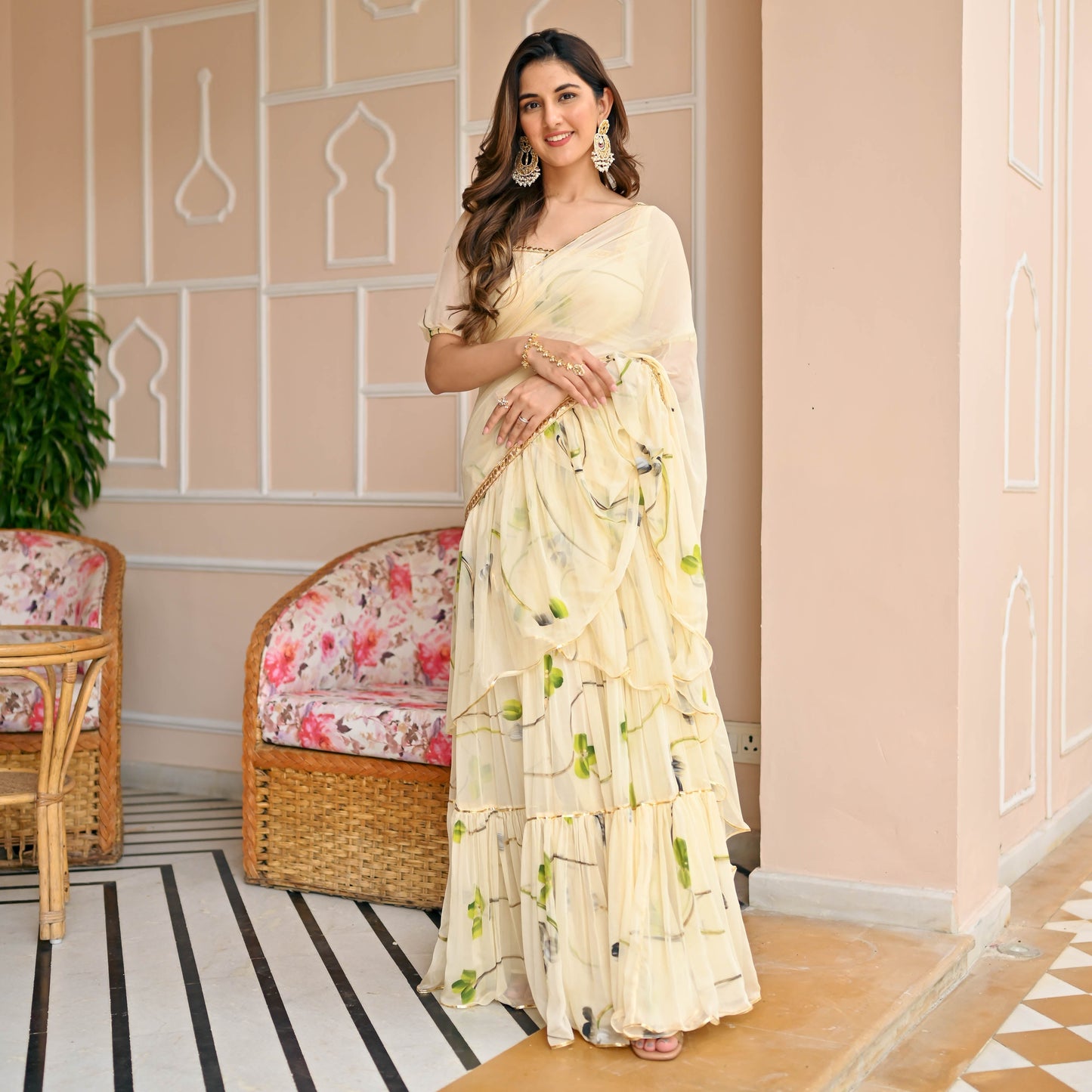 Pearled Ivory Draped Saree with Blouse
