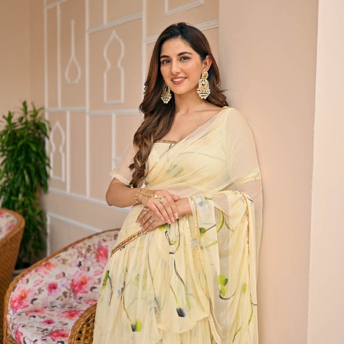 Pearled Ivory Draped Saree with Blouse