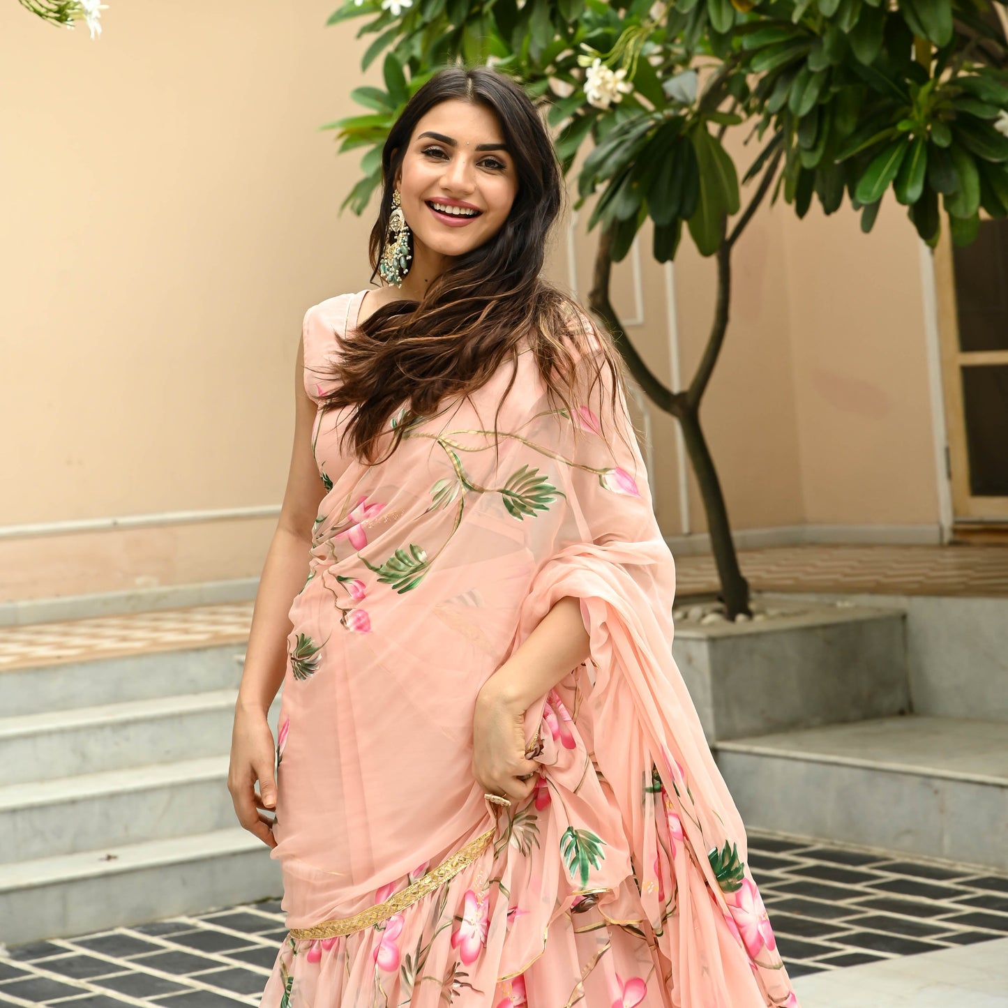 Peach Pearl Draped Saree with Blouse