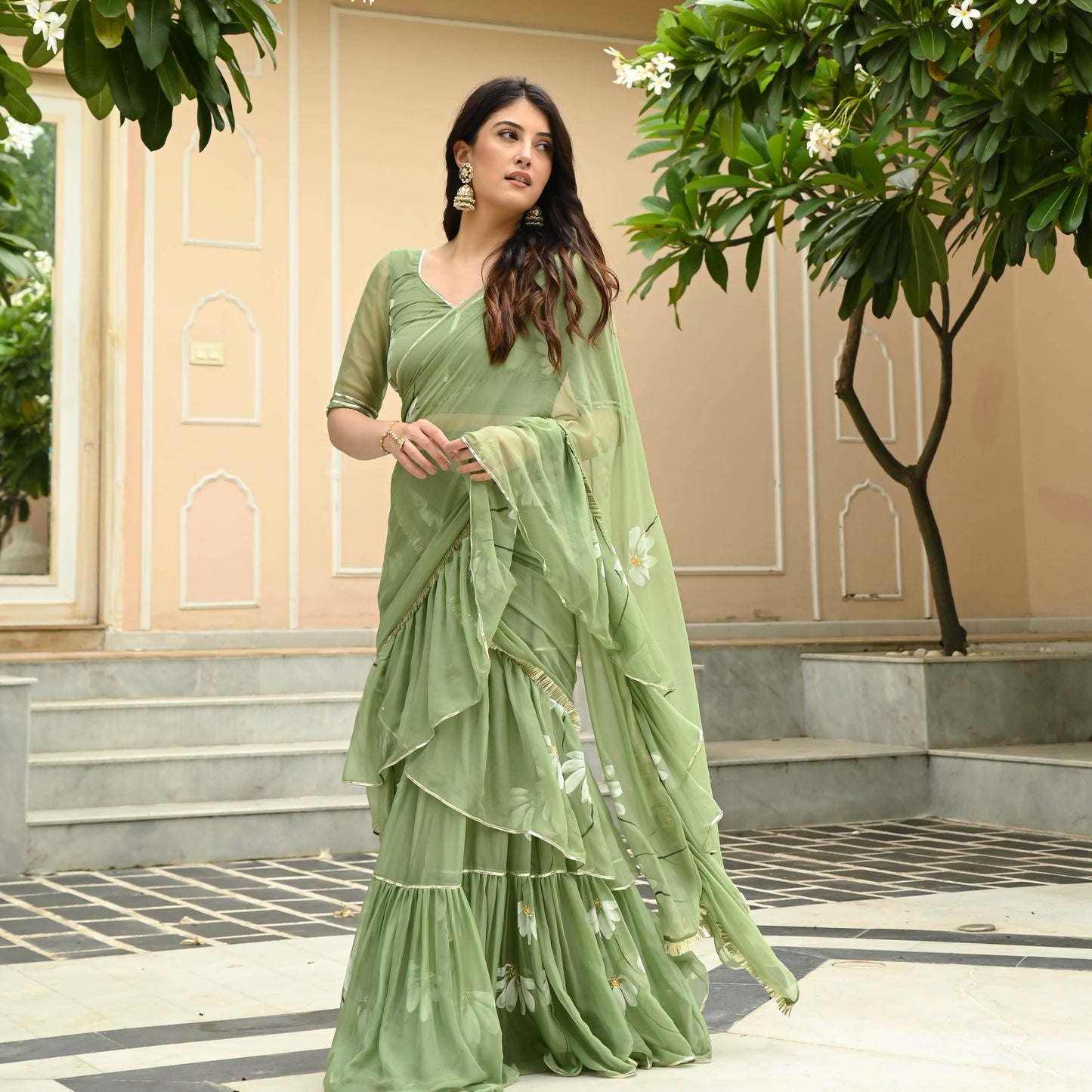 Daisy Olive Draped Saree with Blouse