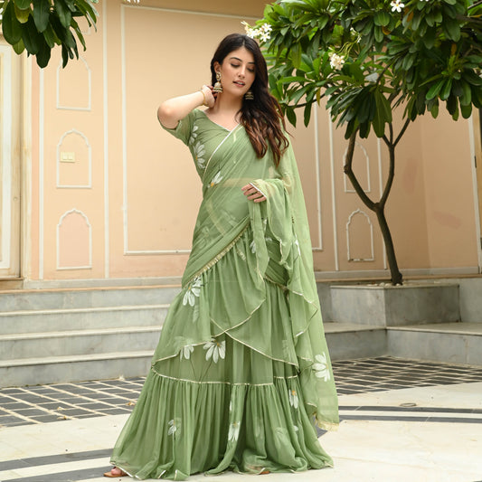 Daisy Olive Draped Saree with Blouse