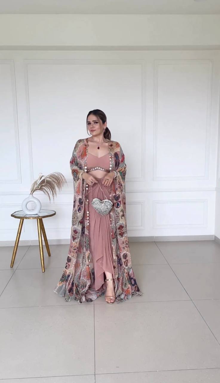 Peach Color Western 3 Piece Set With Jacket Blouse Dhoti ,Party Wear Western