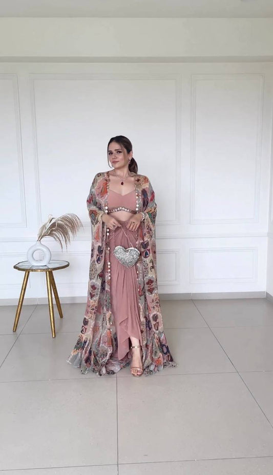 Peach Color Western 3 Piece Set With Jacket Blouse Dhoti ,Party Wear Western