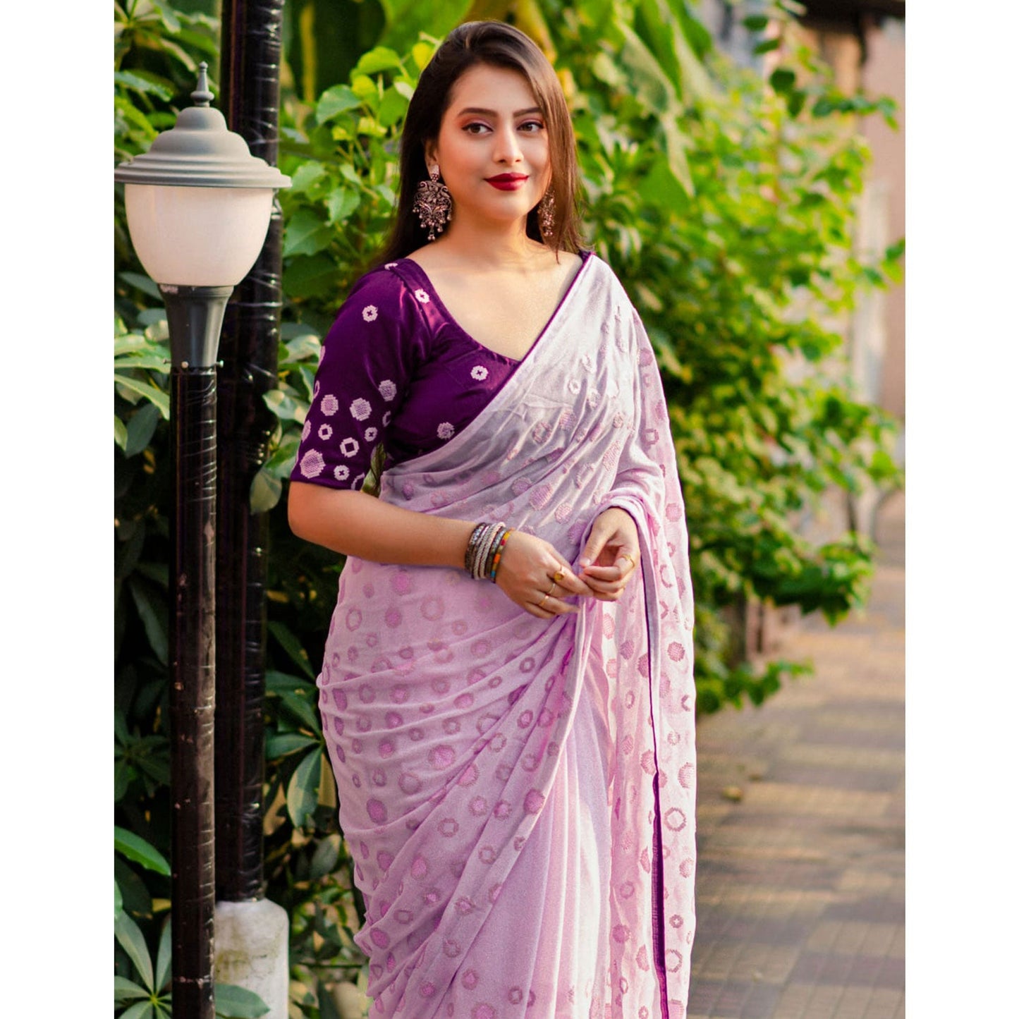 Purple Color Sequins Work Georgette Party Wear Saree With Blouse