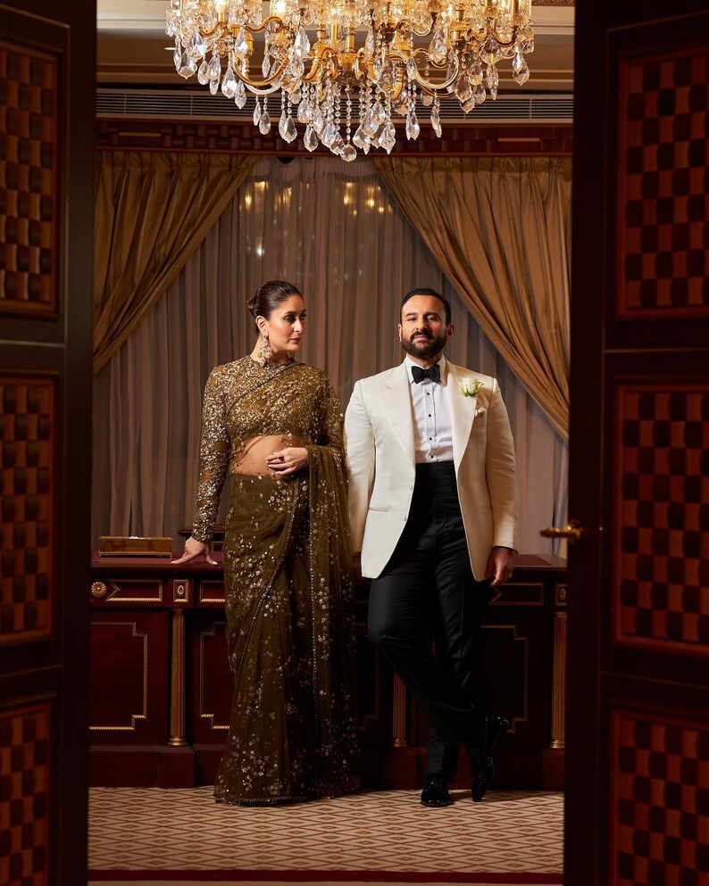 Olive Green Net Saree With All Over Sequins Embroidery Work And Sequence Work Sari Blouse For Wedding Party Wear