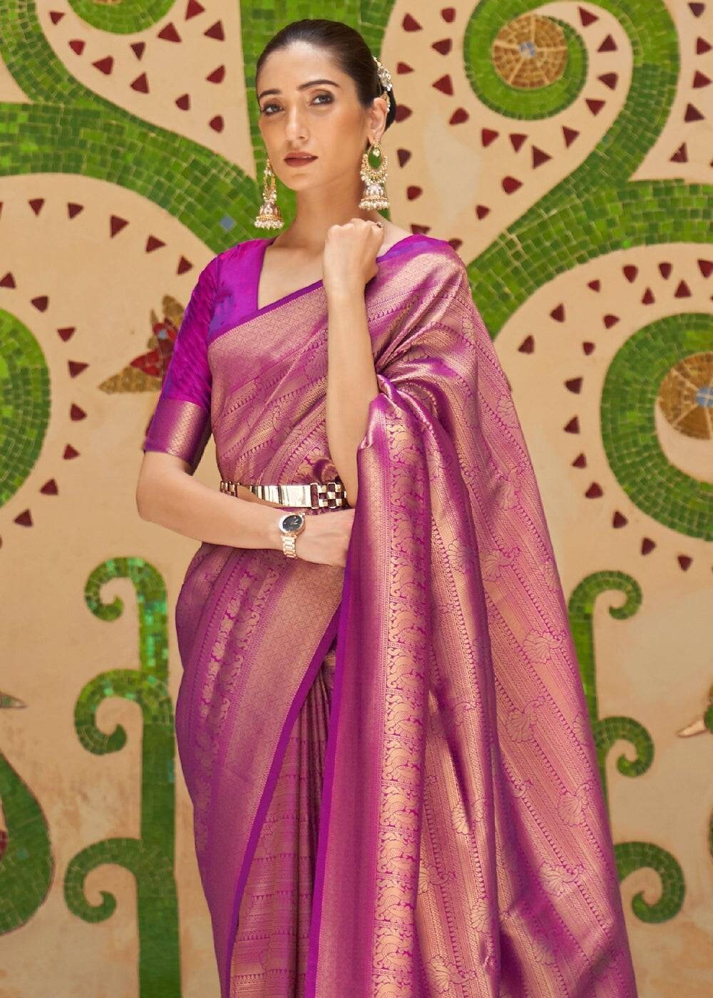 Violet purple kanjivaram soft silk with Zari weaving silk designer saree with matching blouse for women's party , reception,wedding,festive,