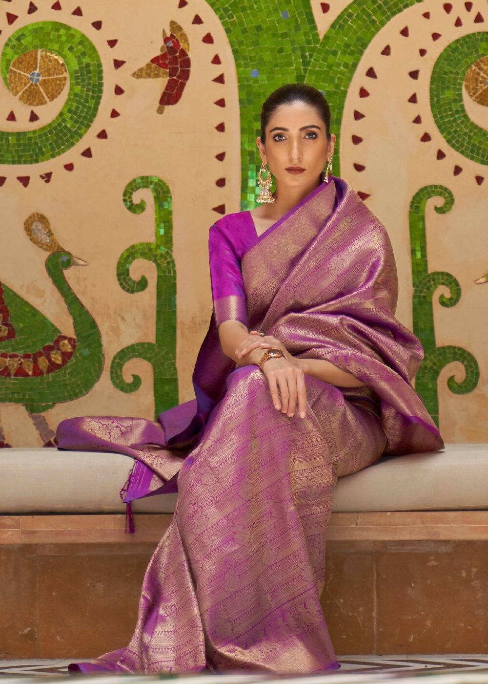 Violet purple kanjivaram soft silk with Zari weaving silk designer saree with matching blouse for women's party , reception,wedding,festive,