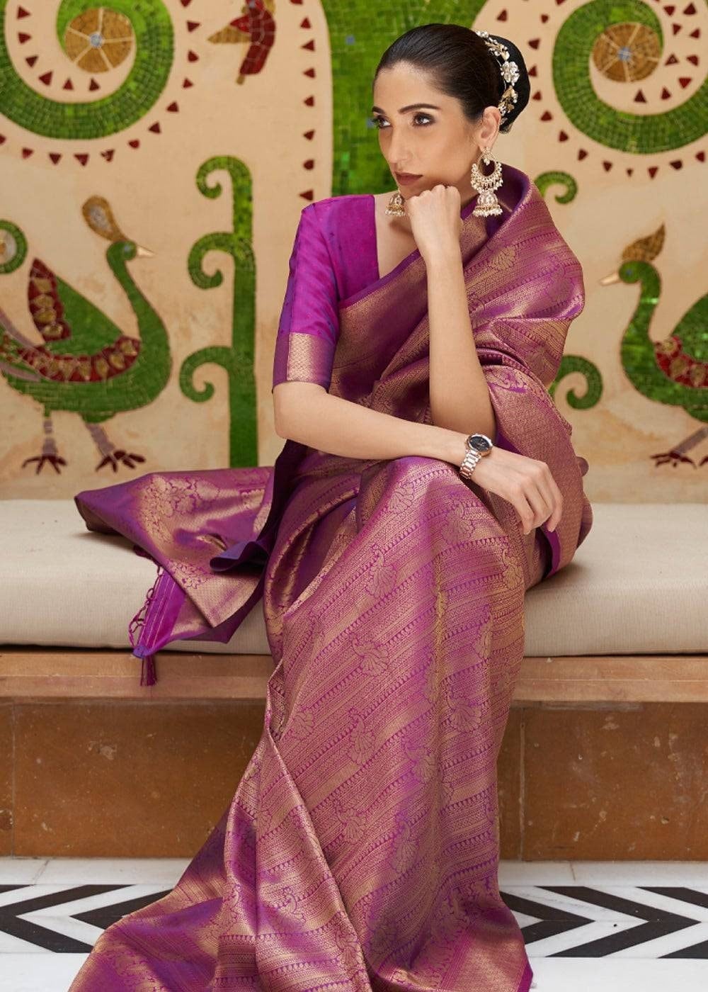 Violet purple kanjivaram soft silk with Zari weaving silk designer saree with matching blouse for women's party , reception,wedding,festive,