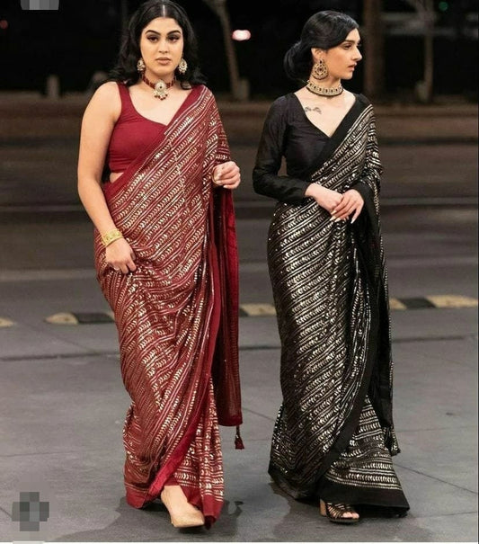 Black Saree Bollywood Inspired Georgette Saree &amp; Blouse With Sequins Multi Threads Work Lace Border For Women | Saree Blouse | Saree |