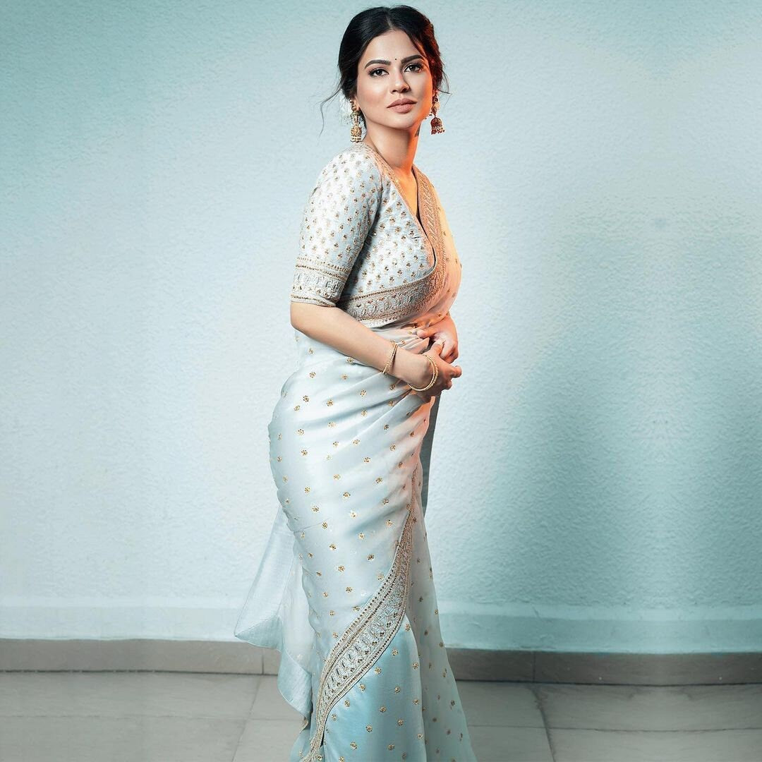 Sky Blue Bollywood Style Pure Khadi Organza Silk Saree with Sequence Embroidery Work, Wedding wear Bollywood Saree Party wear Designer Saree